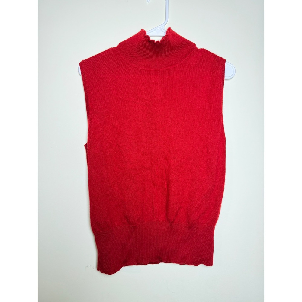 St John Sport Marie Gray Red 100% Cashmere Mock Neck Sleeveless Sweater Vest M